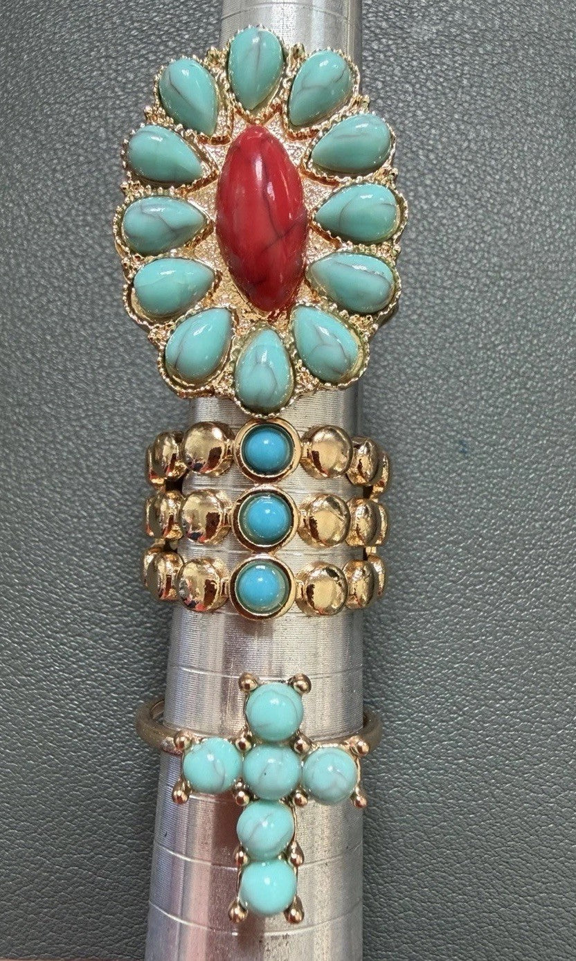 Lot Of 3 Rings Costume Jewelry Gold Toned Turquoise Color Cross Wide Band Native