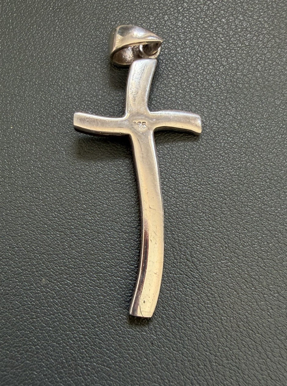 Modernist Sterling Silver And Wood Inlay Cross Pendant Scandinavian Style