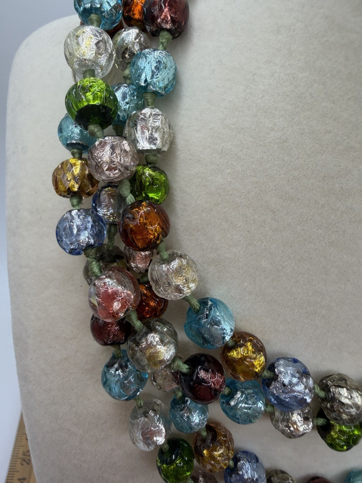 Vintage 48+inch Venetian Murano Art Multi Color Glass Silver Foil Hand Knotted