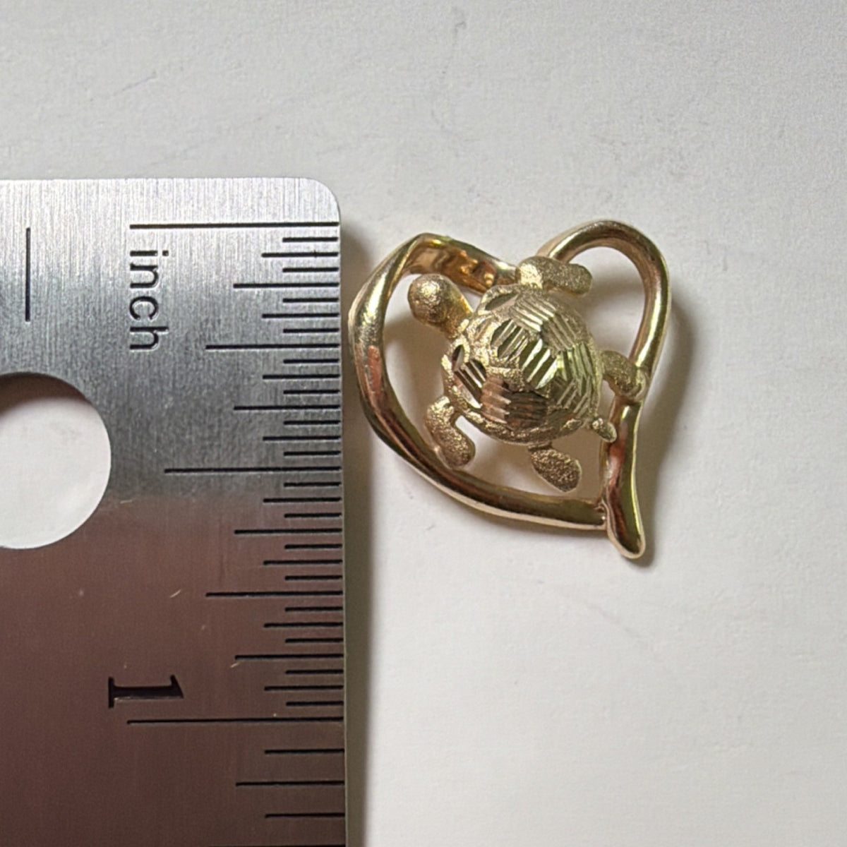 14K Yellow Gold Turtle Pendant Heart Sea Turtle Diamond Cut Charm