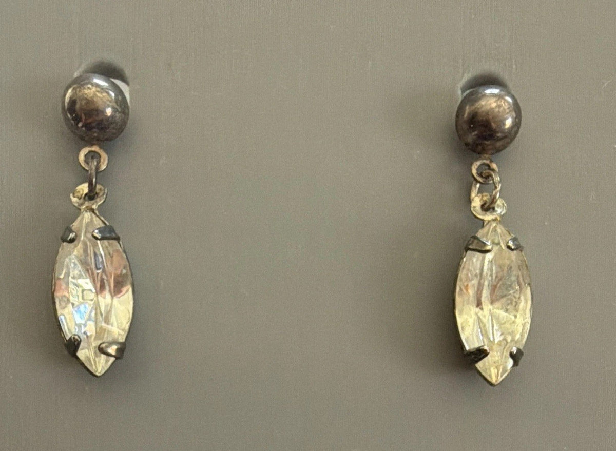 Silver Tone Clear Marquise Crystal Dangle Drop Earrings pierced Back 1in