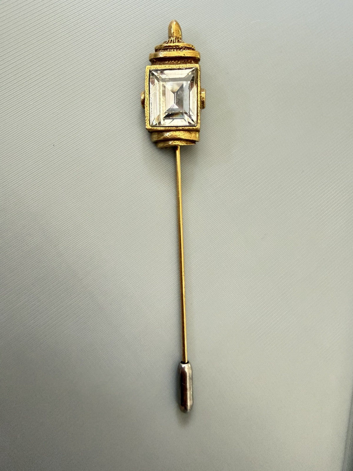 Vintage Street Light Lamppost Lantern Crystal Brooch Pin Gold Tone Clear