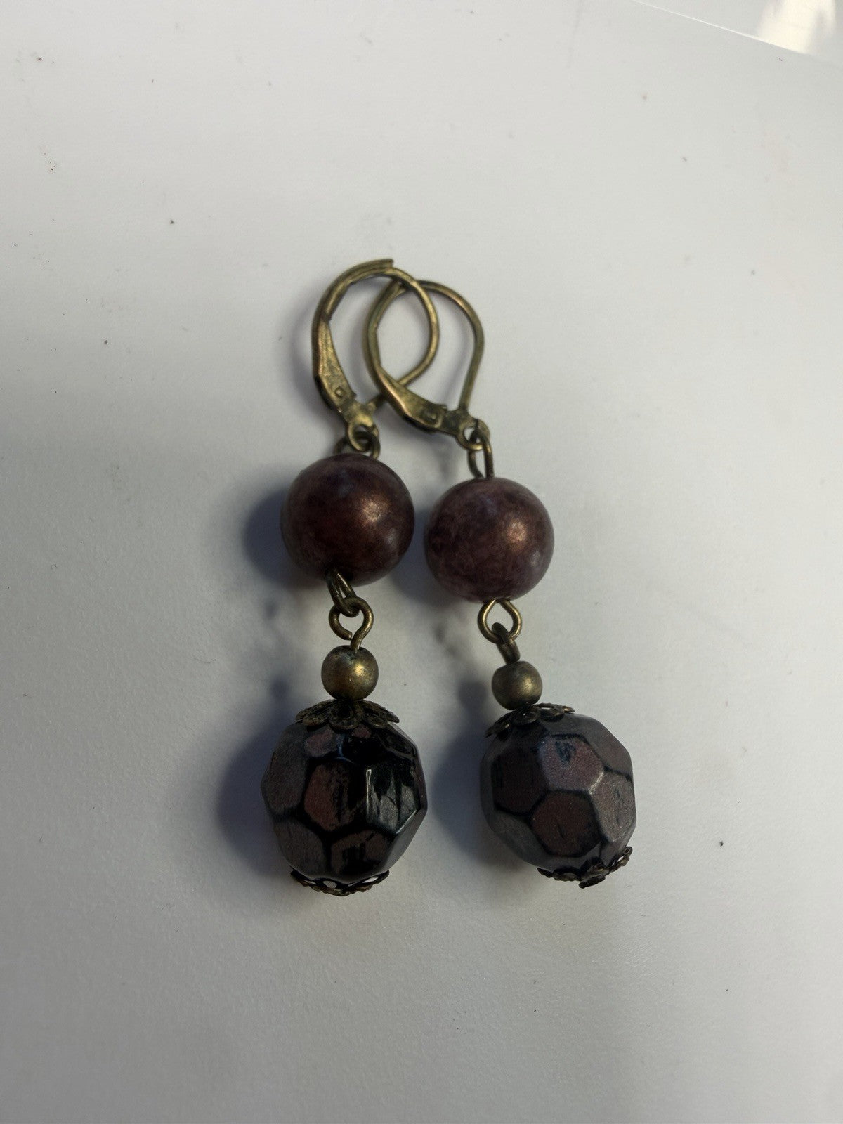 Brown or Dark Maroon Round Bead Dangle/Drop Earrings Leverback Lobe Pierced