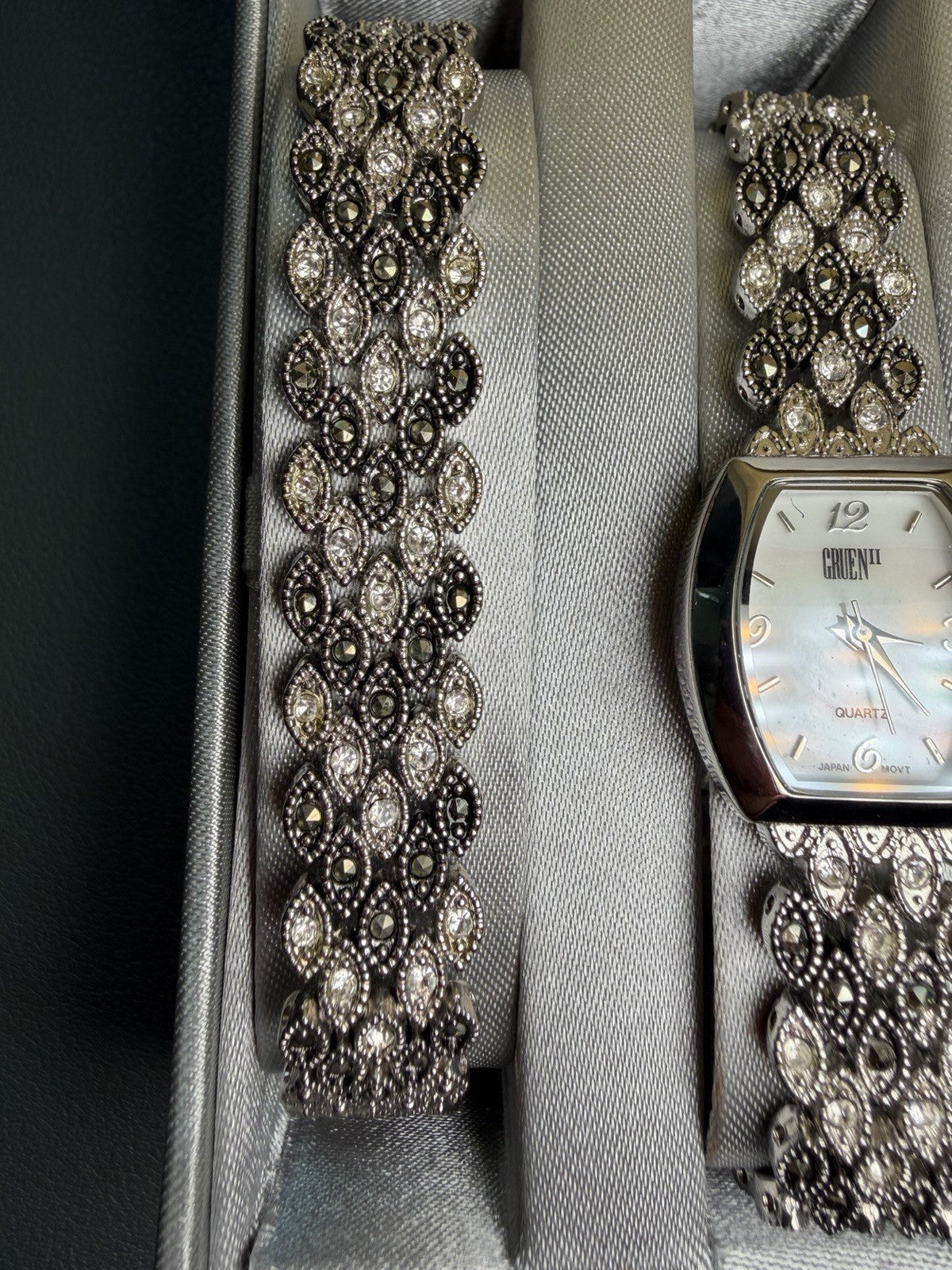 Gruen Crystal Watch Bracelet Earrings Matching Jewelry Set Silver Black