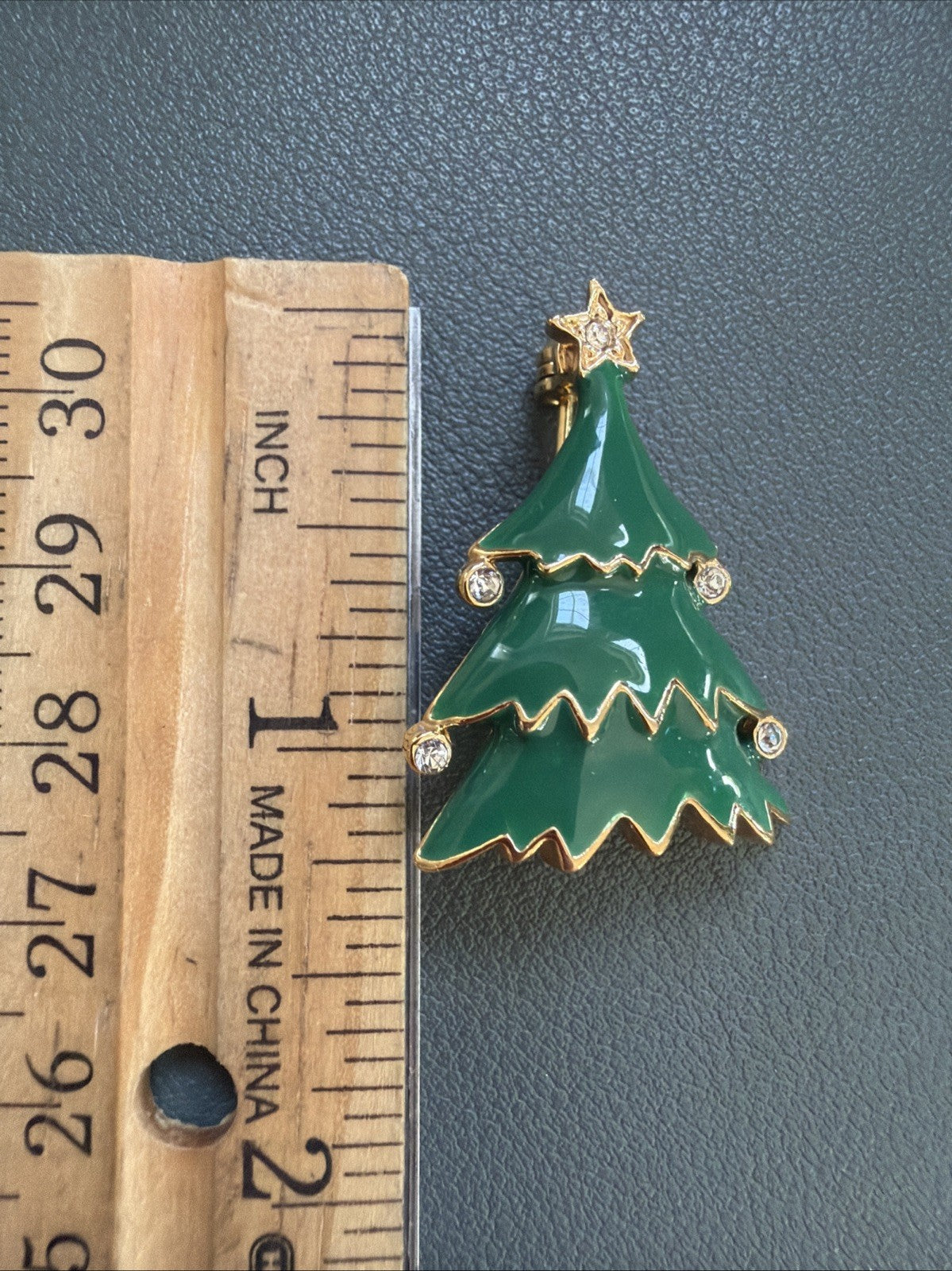 Vintage Green Enamel And Clear Stone Christmas Tree Brooch Pin Classic