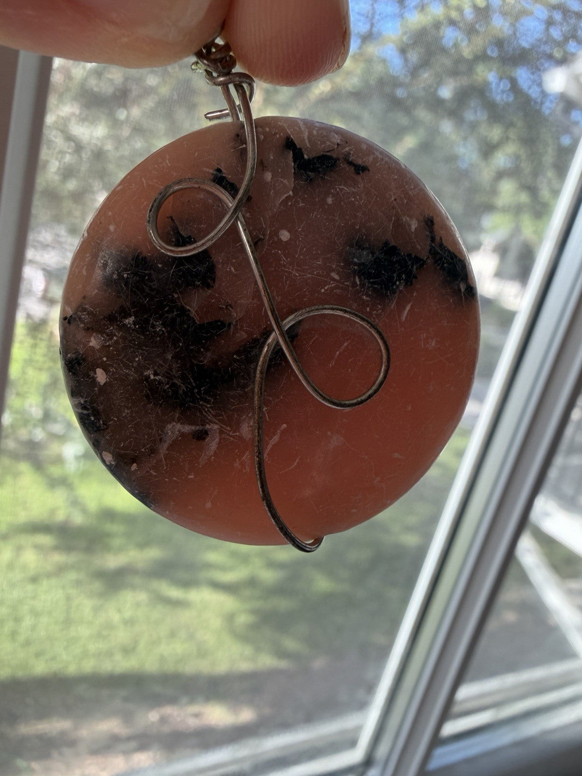 Round Pink Rhodonite Handmade Necklace Pendant Wire Wrapped Pendant