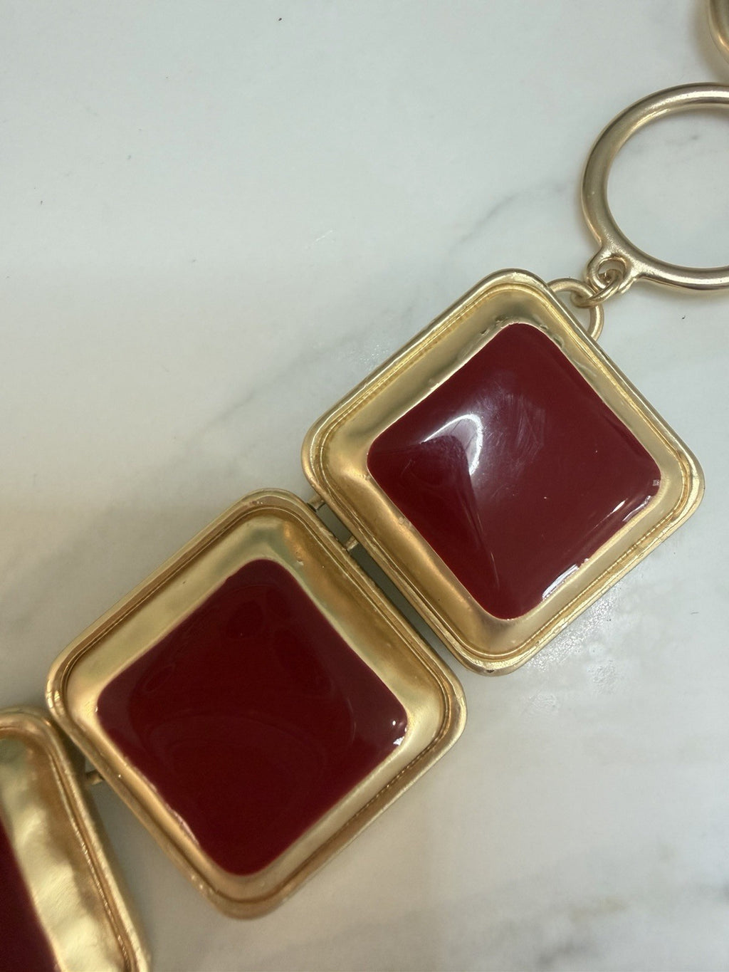 Vintage Red Cabochon Gold Tone Square Link Toggle Bracelet Statement Jewelry