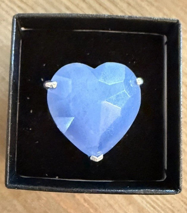 Large Sterling Silver 925 Faceted Aqua Blue Chalcedony Heart Ring Size 7.75-8
