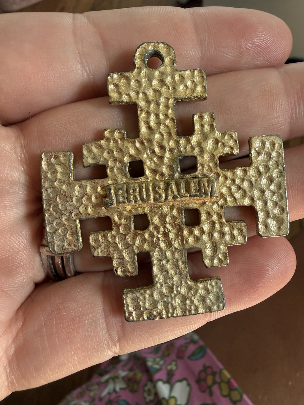 Vintage Jerusalem Cross Pendant Large Gold Tone Green Enamel Holy Land Christian