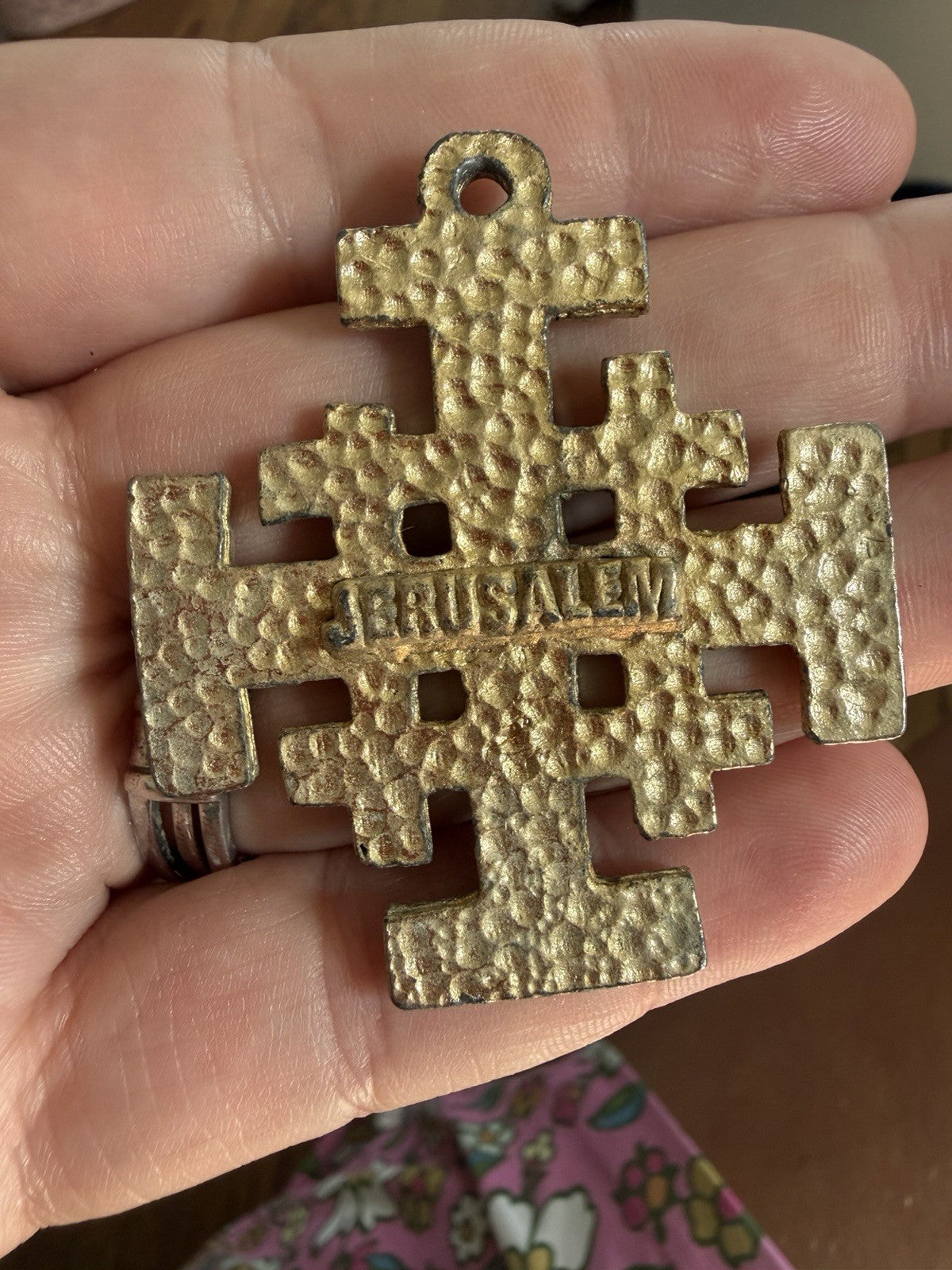 Vintage Jerusalem Cross Pendant Large Gold Tone Green Enamel Holy Land Christian
