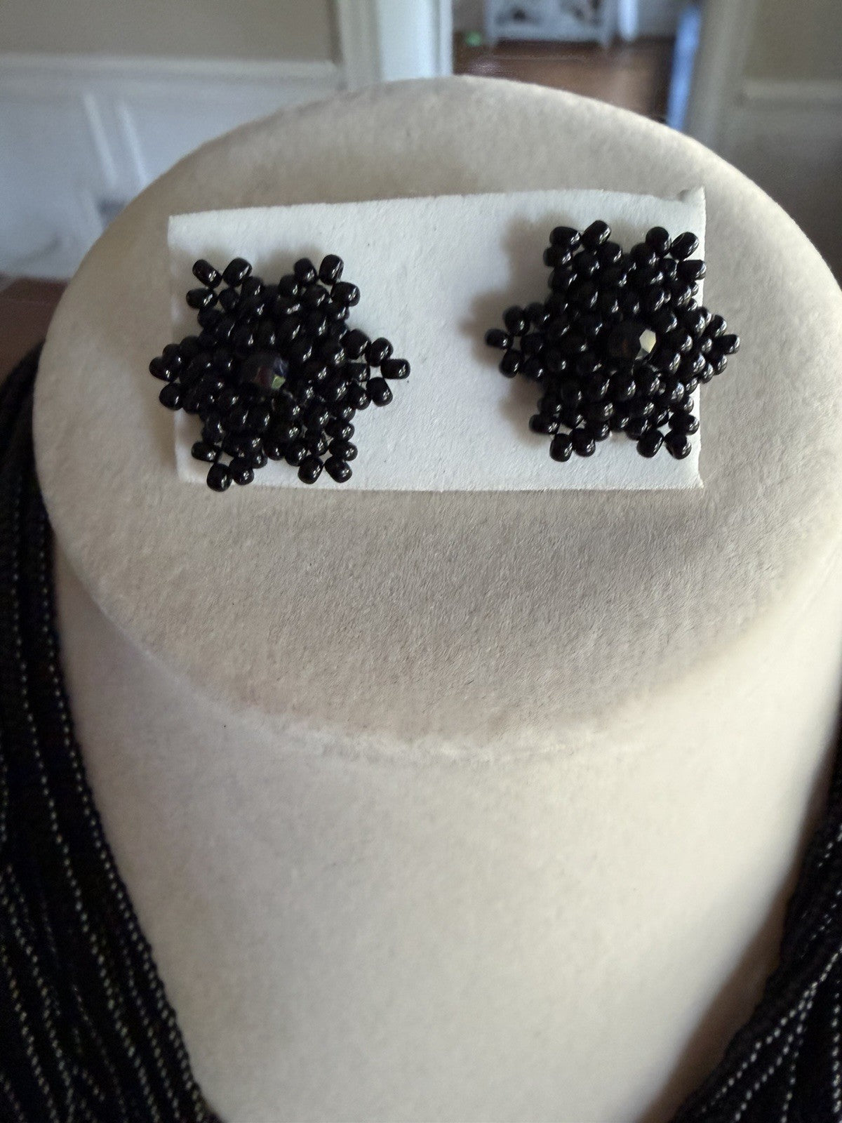 Black Glass Seed Bead Multi Strand Statement Necklace Earrings Set