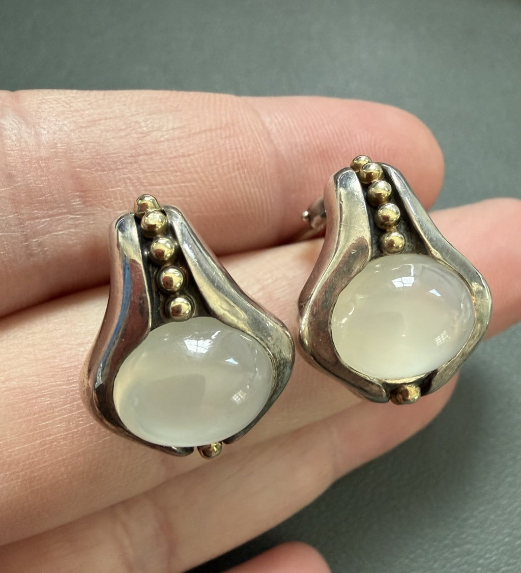 Lagos Caviar 18k Gold and Sterling Silver Moonstone Earrings Omega Backs