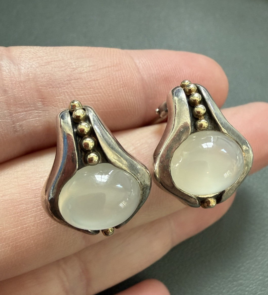 Lagos Caviar 18k Gold and Sterling Silver Moonstone Earrings Omega Backs