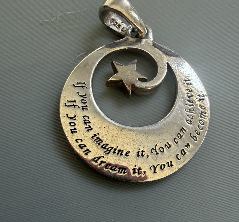 925 Sterling Silver Crescent Moon Star Pendant Inspirational Celestial .75in