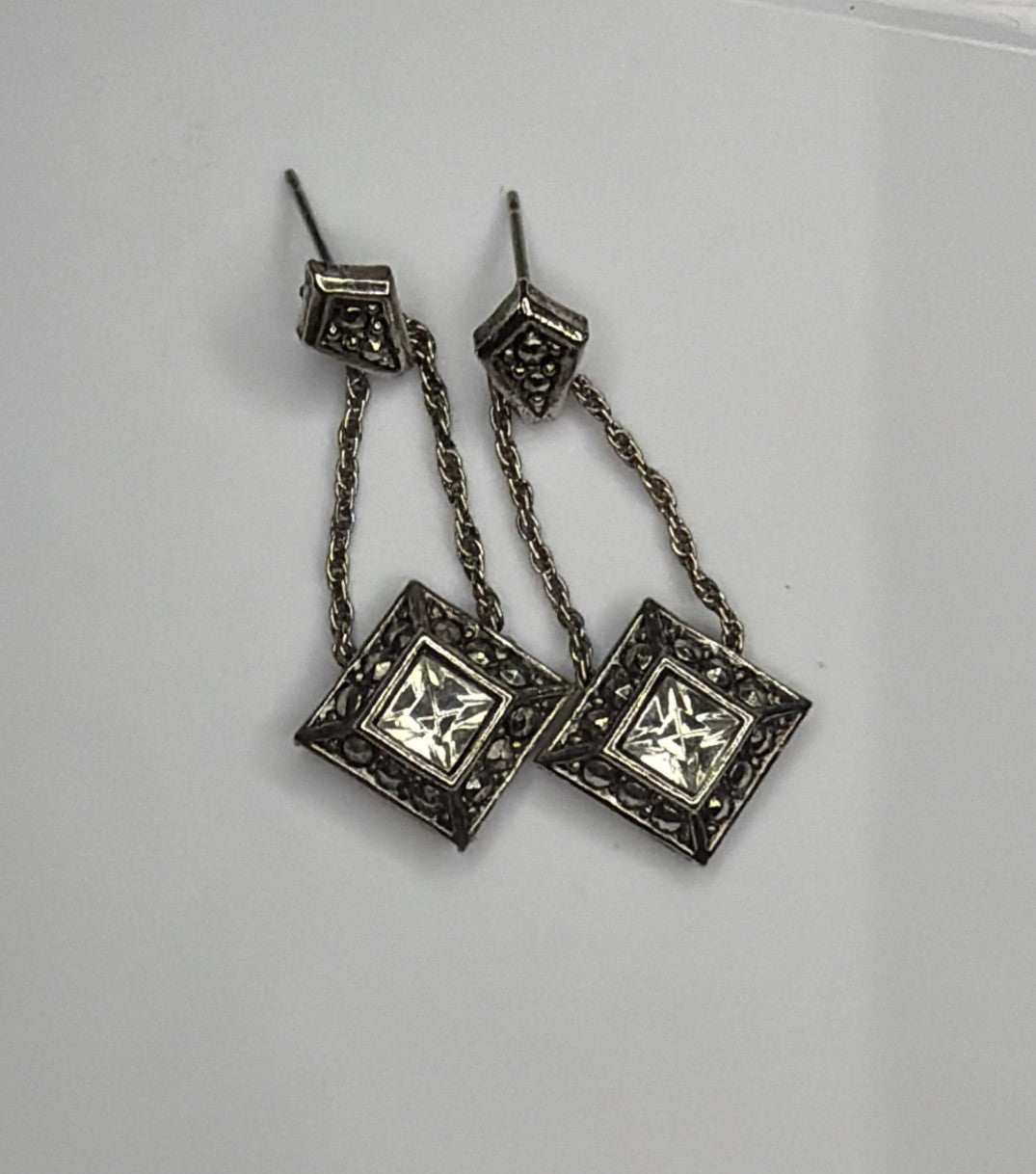 Vintage Avon Earrings Silver Tone Clear Stone Marcasite Dangle Square Pierced