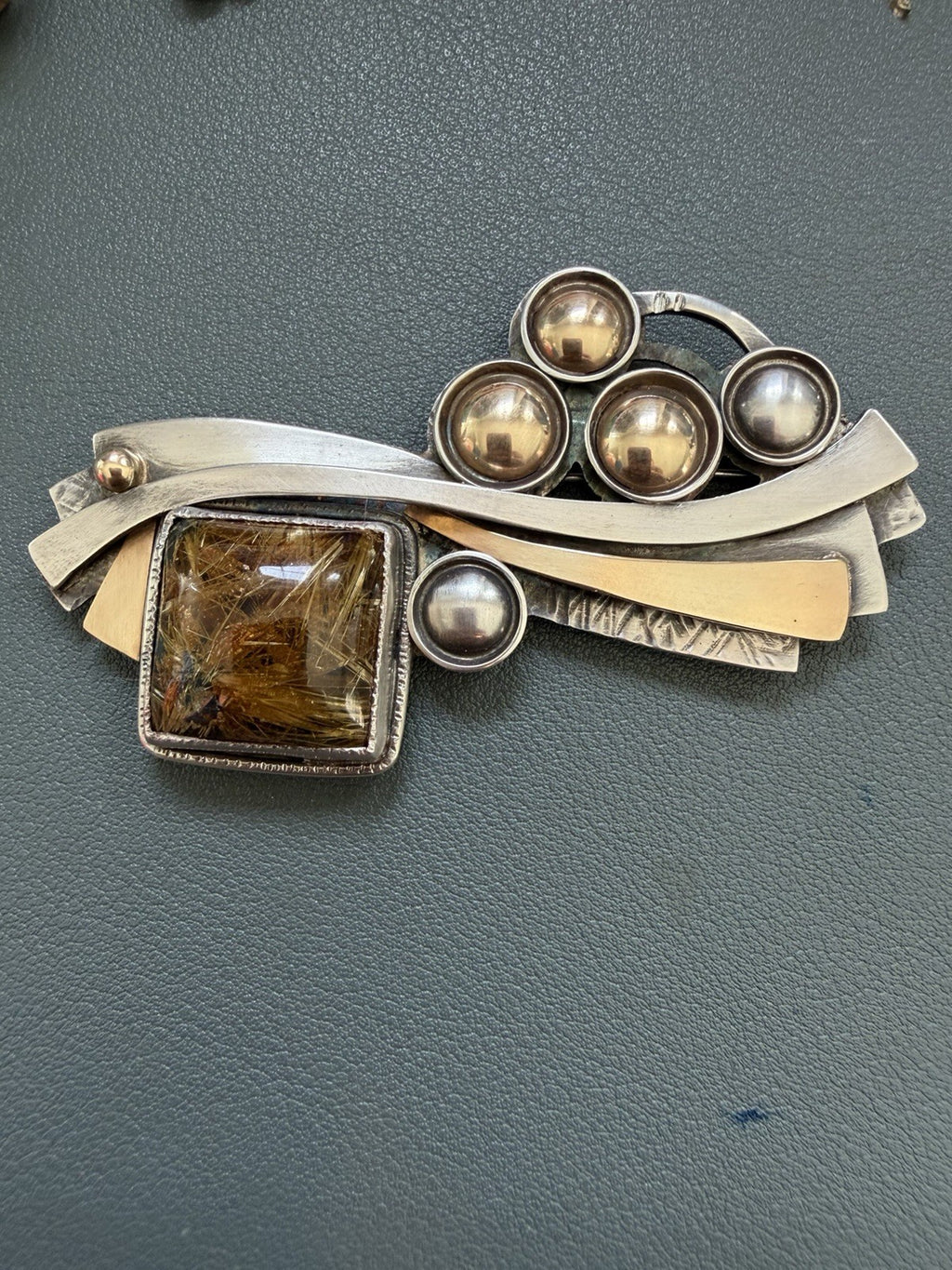 Patricia Karnes Stinson 14K Sterling Silver Rutilated Quartz Brutalist Brooch