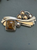 Patricia Karnes Stinson 14K Sterling Silver Rutilated Quartz Brutalist Brooch