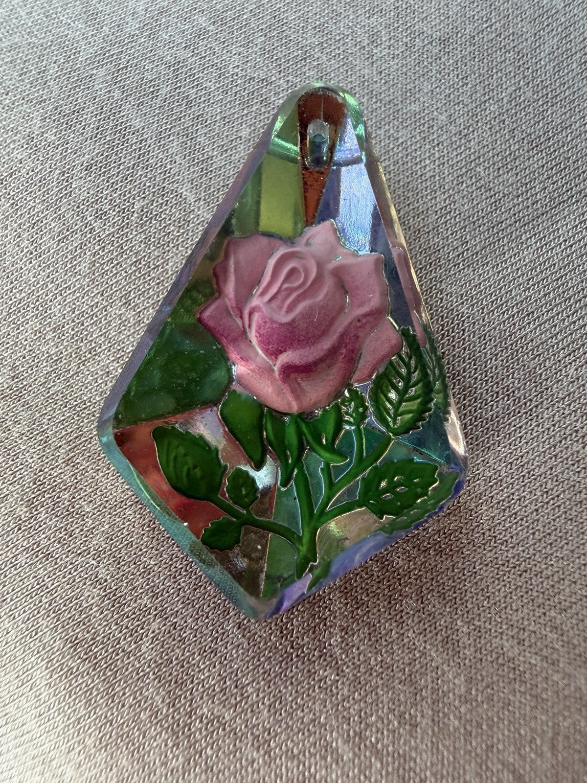 Vintage  Reverse Hand-Carved Clear Lucite Pink Roses Flower Pendant