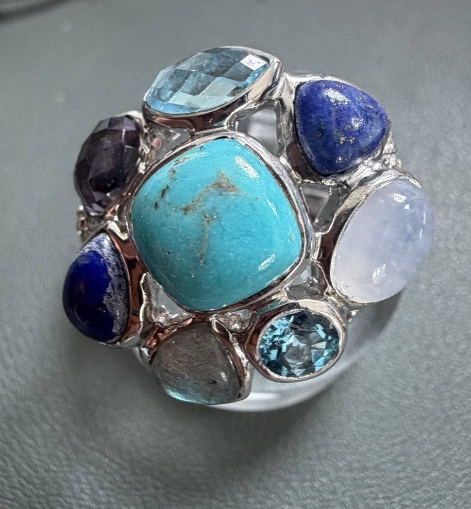 STERLING SILVER 925 NATIVE STYLE BIG TURQUOISE LAPIS MULTI GEMSTONE RING Sz8