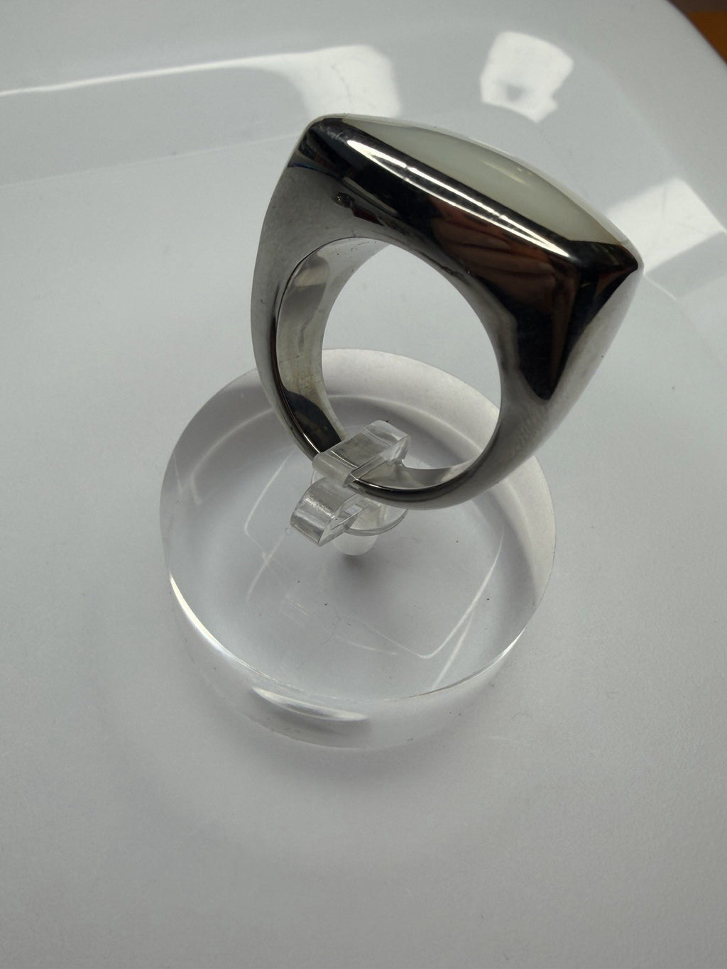 Statement Stainless Steel MOP Ring Signed JS Sz8