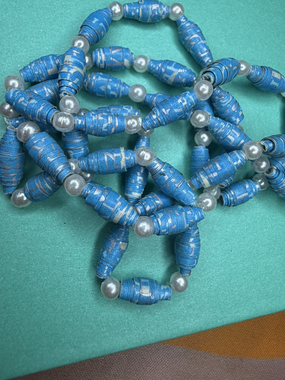 Vintage Blue Wrapped Paper Beaded Necklace With White bead accents 24inch