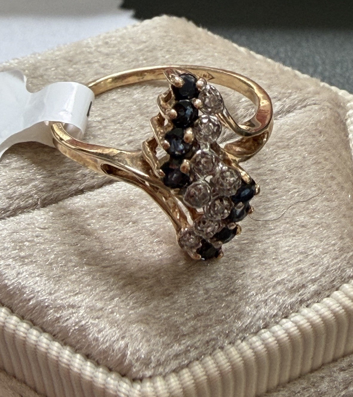 Vintage NOS 10K Gold Blue Sapphire Diamond Cluster Cocktail Ring Sz 5.75-6