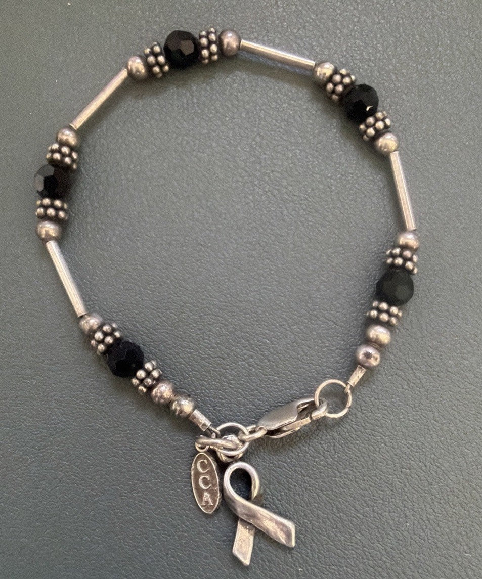 Sterling Silver Awareness Ribbon Charm 925 Bar Beaded Crystal Bracelet 7inch CCA