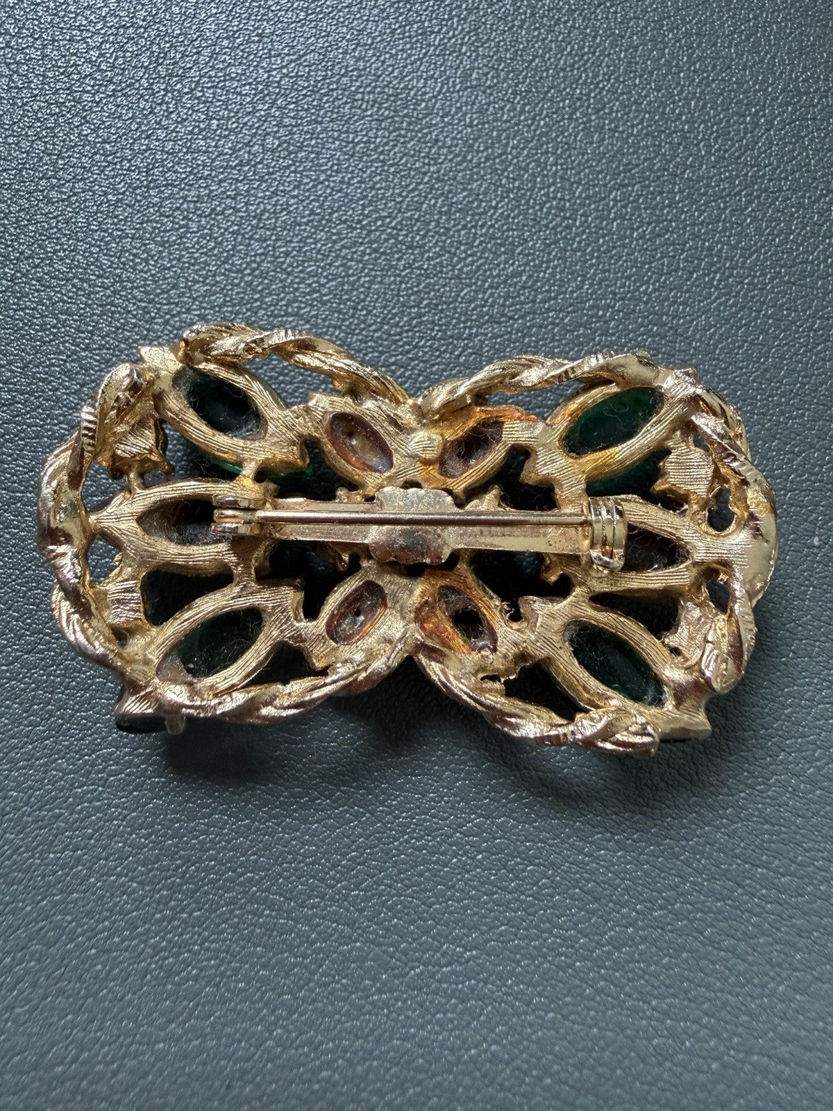 Vintage Glass Marquise Bow Brooch, Emerald Color Green And Amber Colored Orange