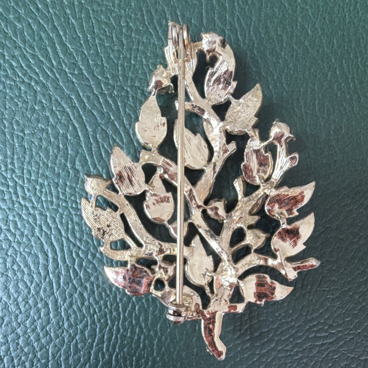 Vintage Green Rhinestone Leaf Brooch Pin Botanical Statement