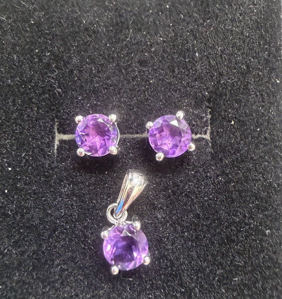 Sterling Silver Amethyst Pendant  and Earrings Set Purple Gemstone Simple Beauty