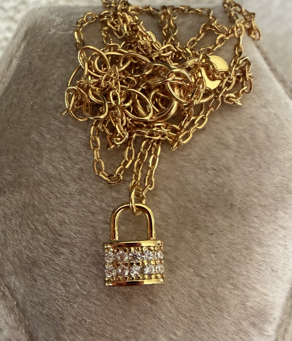 18kt over sterling Silver Pavé Clear Zircon Lock Pendant Cable Chain Necklace