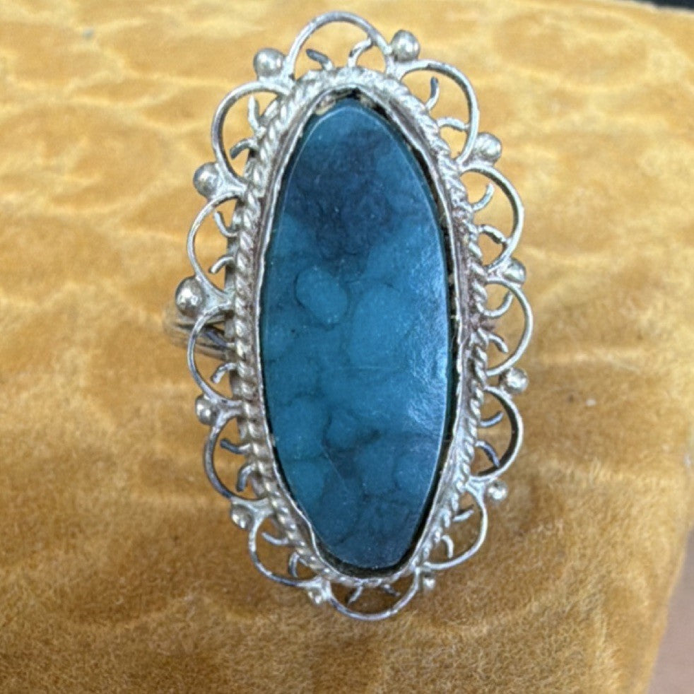 Vintage Sterling Silver 925 Darker Turquoise Oval Scrollwork Setting Ring 6.5