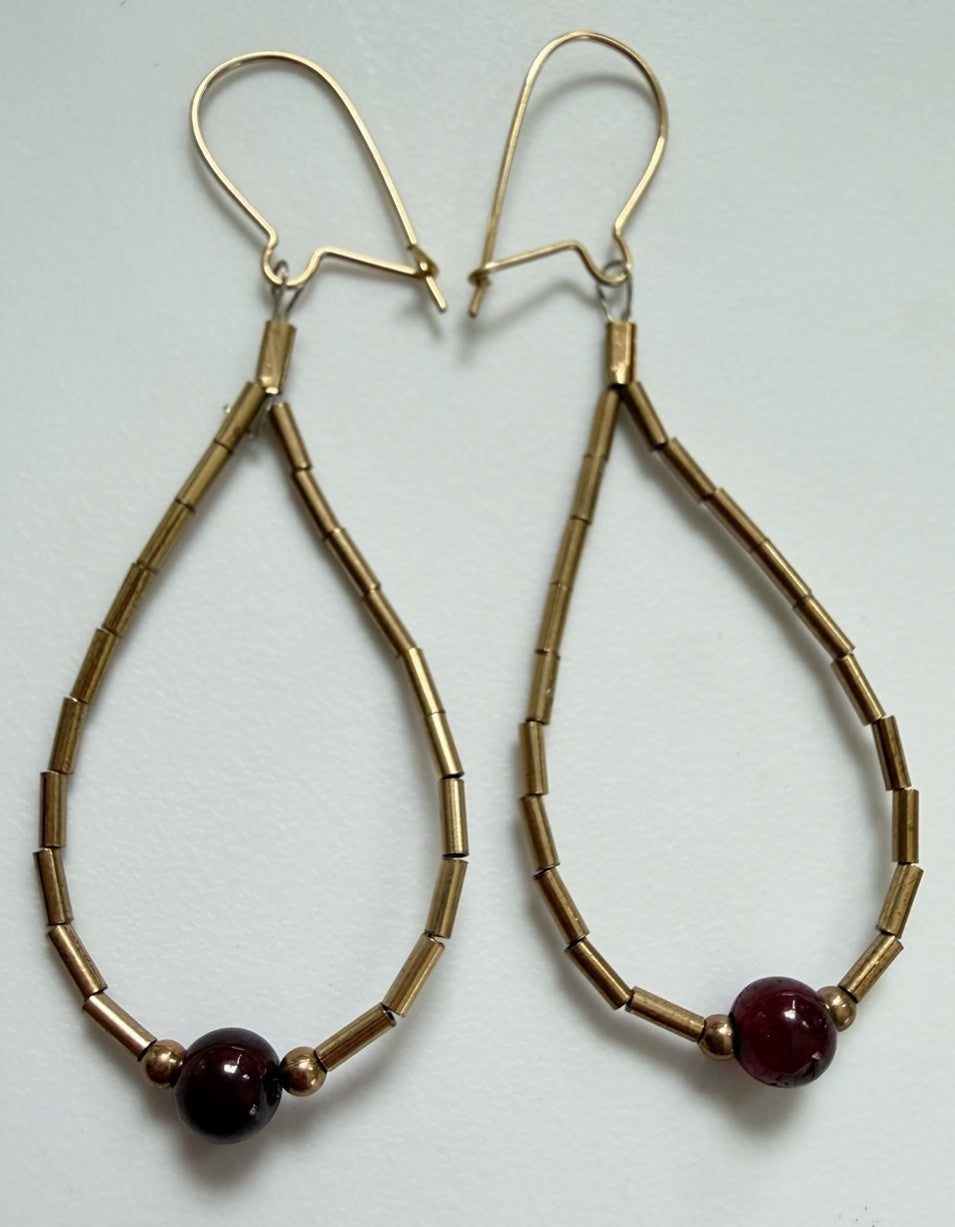 Vintage Gold Tone Garnet Bead Teardrop Dangle Earrings Navajo Liquid Metal Drop
