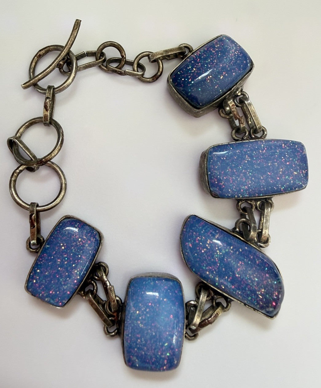 Gorgeous & Glittery Sterling Silver Bracelet Blue Australian (?) Opal Or Opalite