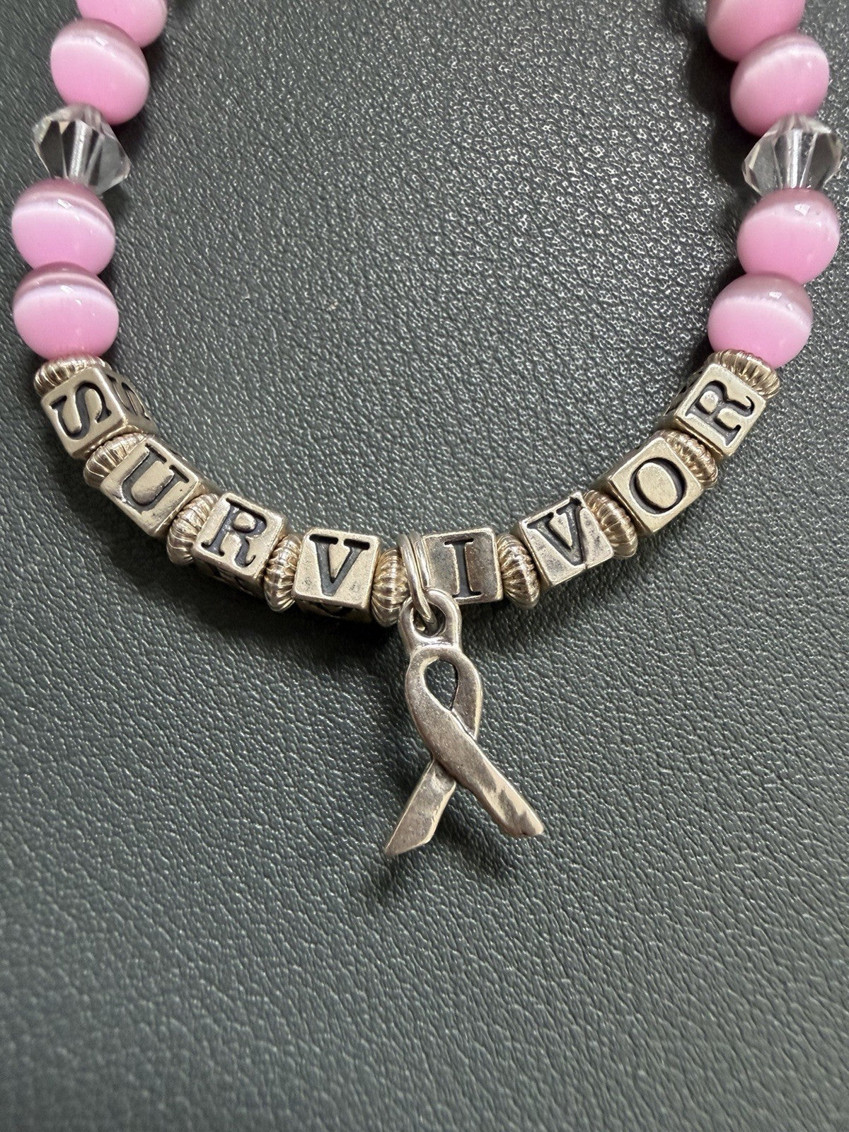 Sterling Silver 925 Breast Cancer Survivor Ribbon Bracelet Pink Beads