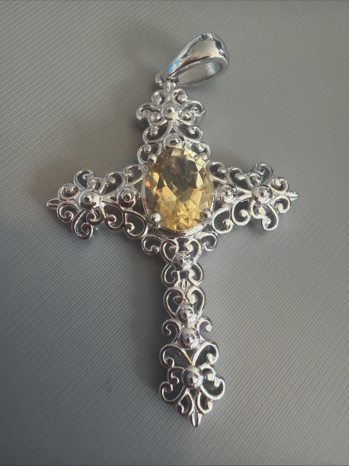 STS Karis Silver Tone Filigree, Golden Yellow Citrine CROSS Pendant