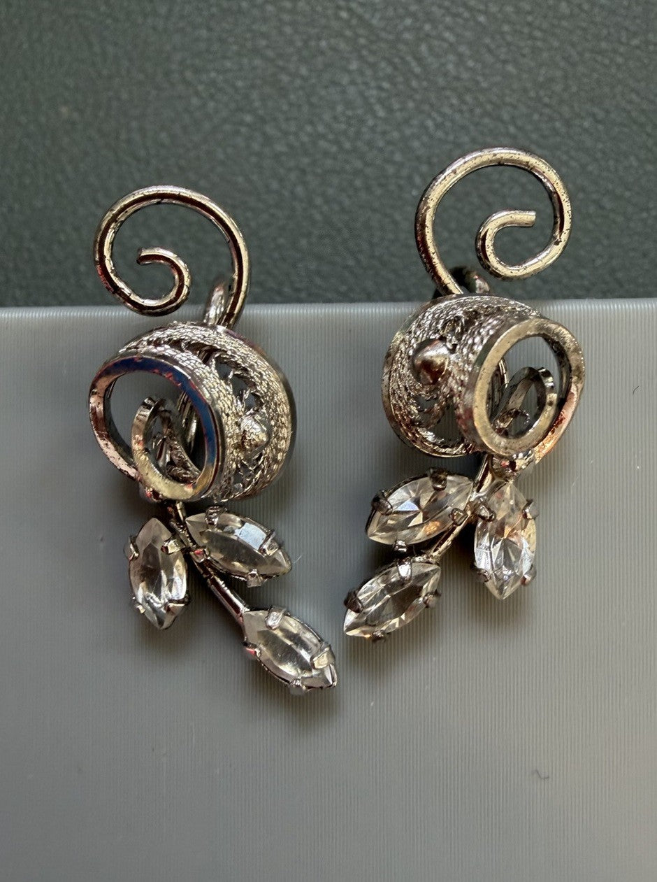Vintage Am Lee Sterling 925 Filigree Rhinestone Screwback Earrings Elegant