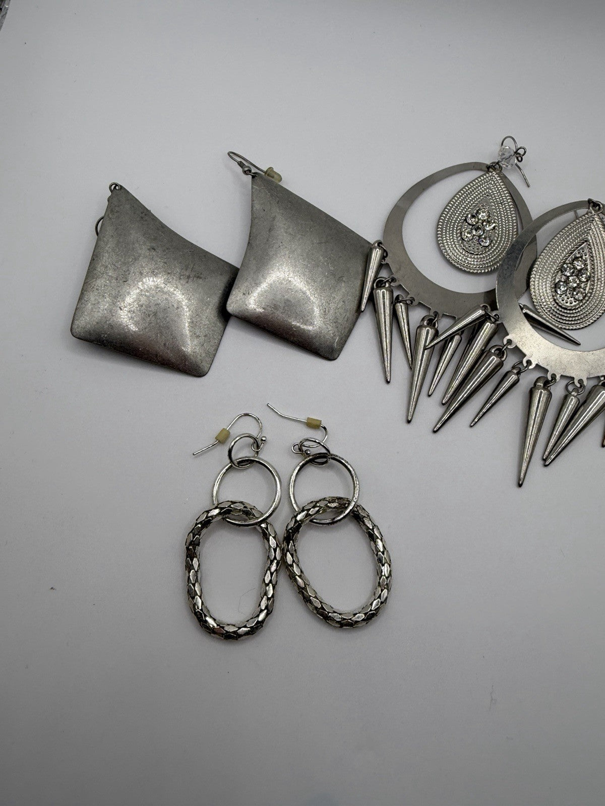 Lot Of 3 Silver Toned Statement Earrings Bundled Glam