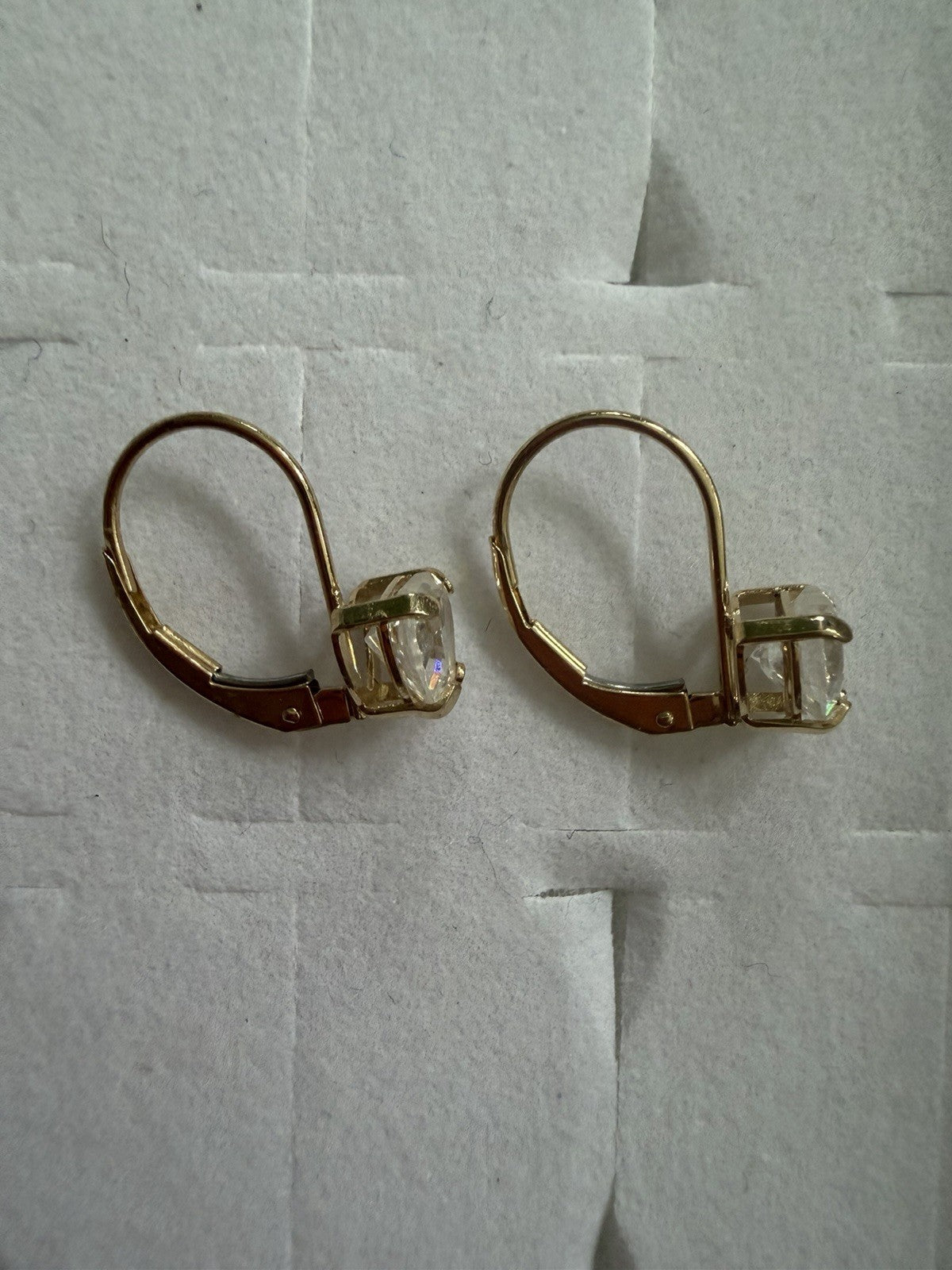 14k Solid Yellow Gold Leverback Earrings CZ Hearts Signed Dangle Drop