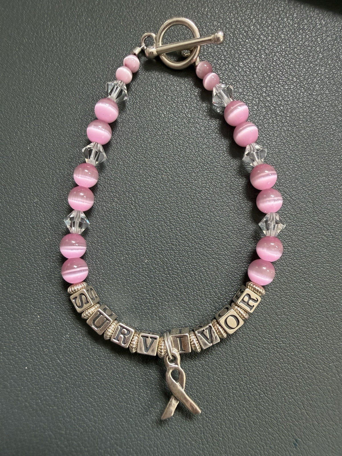 Sterling Silver 925 Breast Cancer Survivor Ribbon Bracelet Pink Beads