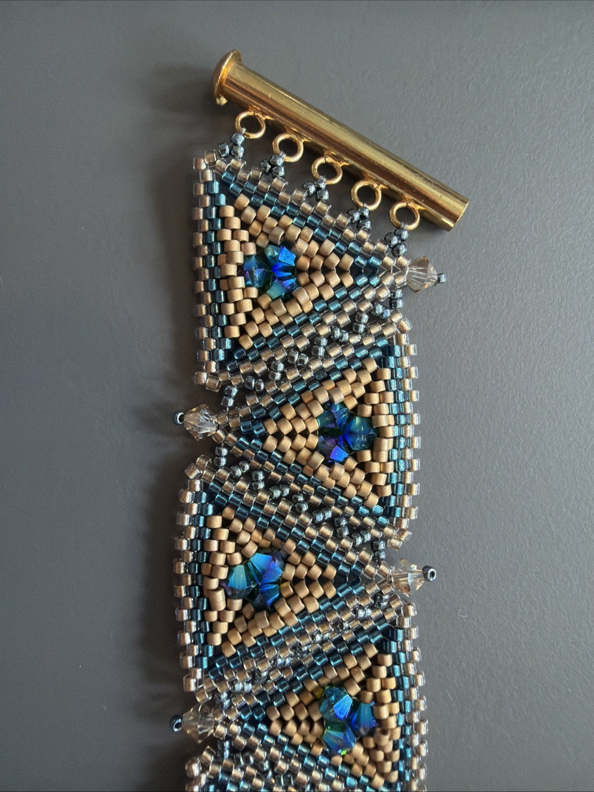 Vintage Beaded Teal And Gold Bracelet With AB Bead Accents - Unique And Gorgeous