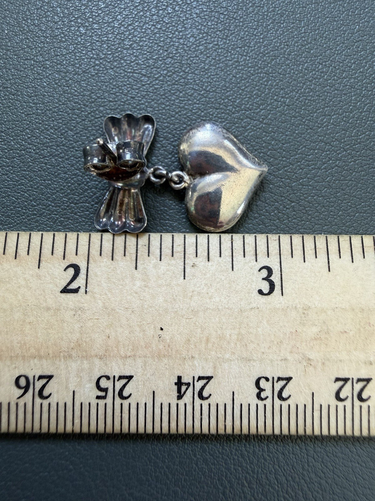 Vintage Adorable 925 Sterling Silver Hearts & Bow Dangle Puffy Earrings