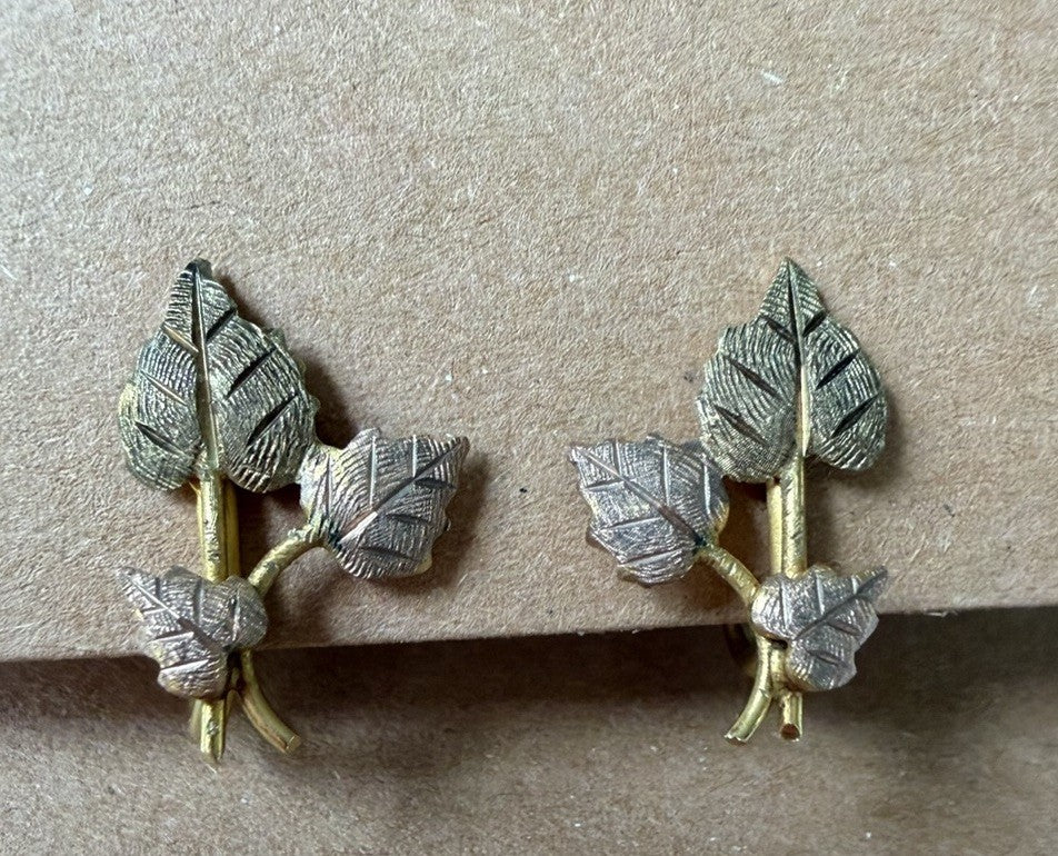Vintage Black Hills Gold 12k & 12KGF Three Leaf Screw Back Earrings