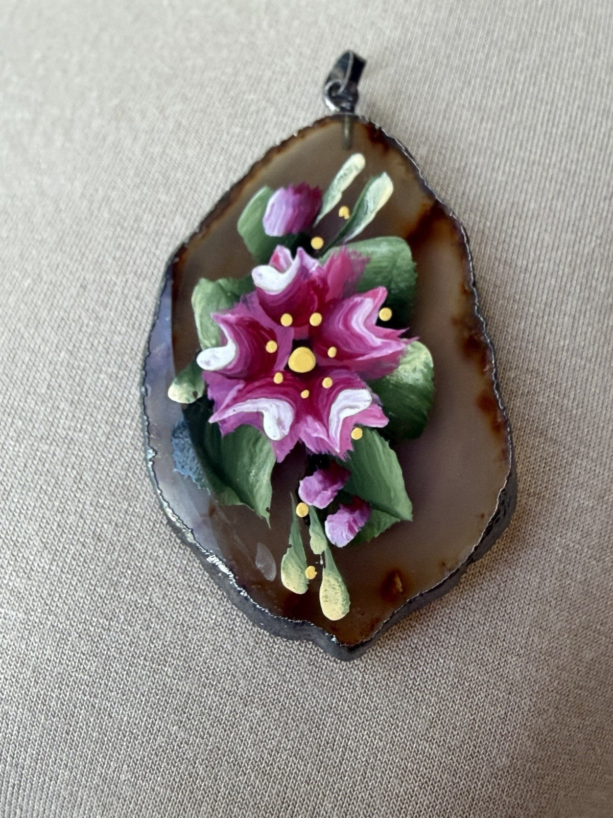 Gorgeous Pendant Artist Hand Painted Agate Floral Pink Flowers