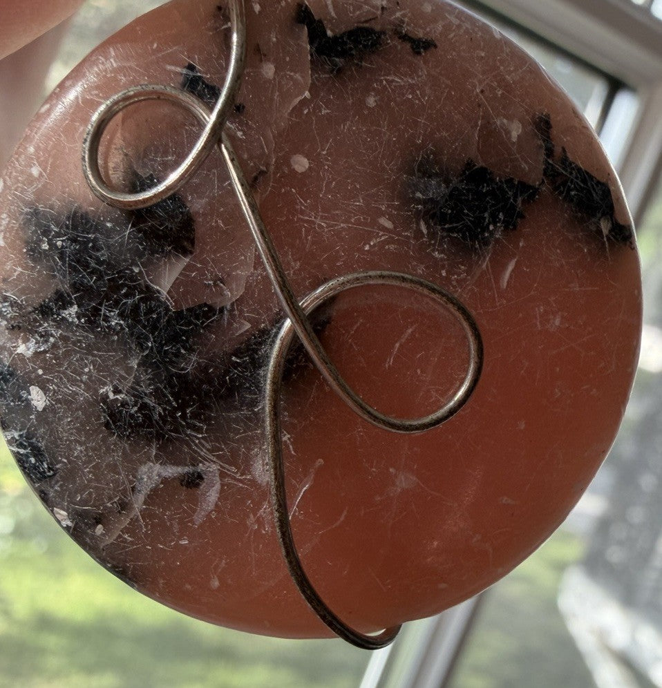 Round Pink Rhodonite Handmade Necklace Pendant Wire Wrapped Pendant