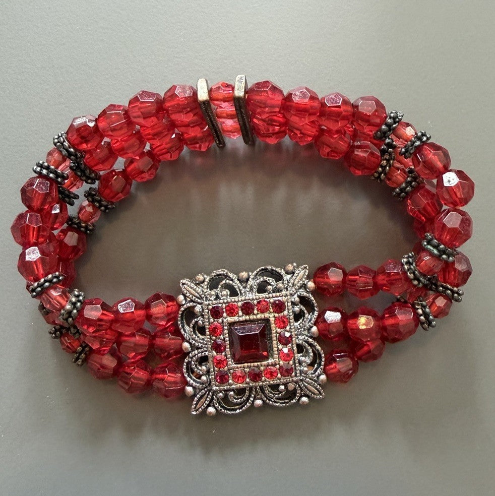 Red Beaded Glass Bracelet Stretch Ornate Metal Accent Square - Art Deco Style