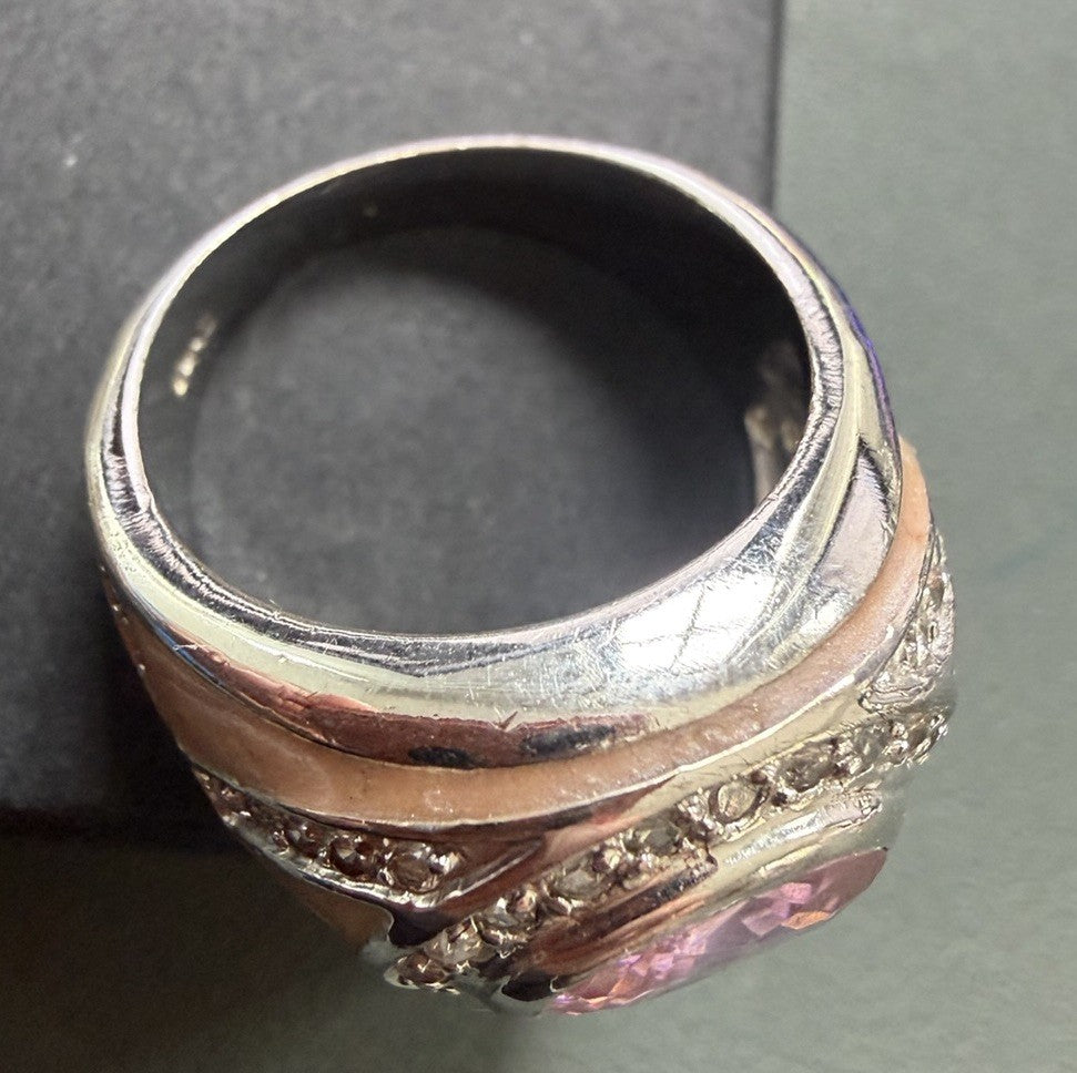 Pink Uranium Glass & White CZs Pink Enamel Design Band Ring - SIZE 8