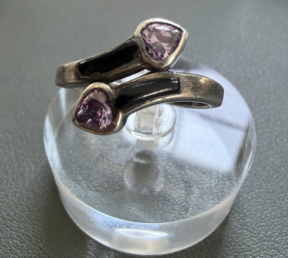Sterling Silver 925 Amethyst Hearts & Black Inlay Wrap Bypass Ring Size 7.75