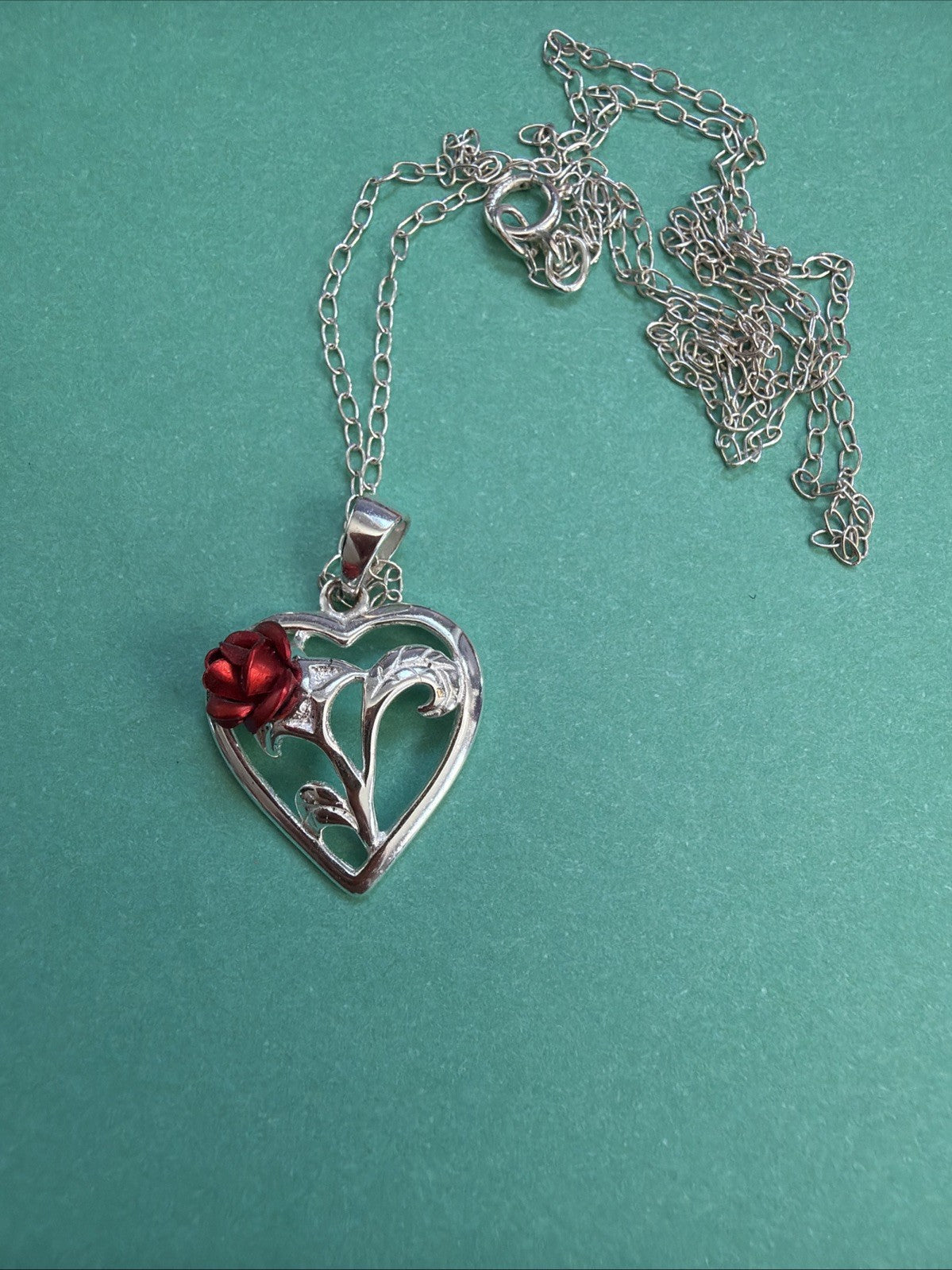 Sterling Silver 925 Red Rose Heart Pendant Necklace 18” 3D Flower Love