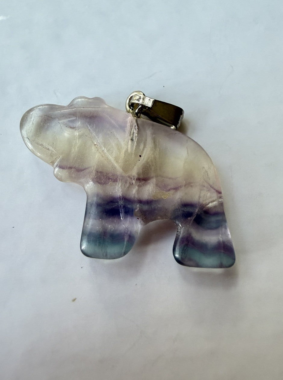 Quartz  Or Fluorite Elephant Natural Stone Pendant Hand Carved w Bail